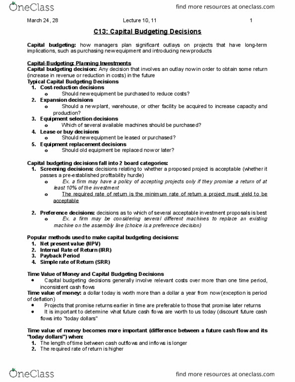 AFM102 Chapter Notes - Chapter 13: Discounted Cash Flow, Capital Budgeting, Cash Flow thumbnail