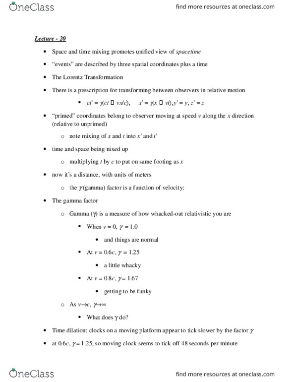 PHYS 1061 Lecture Notes - Lecture 20: Lorentz Factor, Length Contraction thumbnail