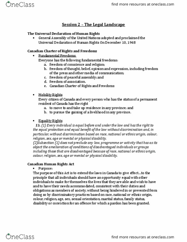 MHR 600 Lecture Notes - Lecture 2: Canadian Human Rights Act, Visible Minority, Equal Protection Clause thumbnail