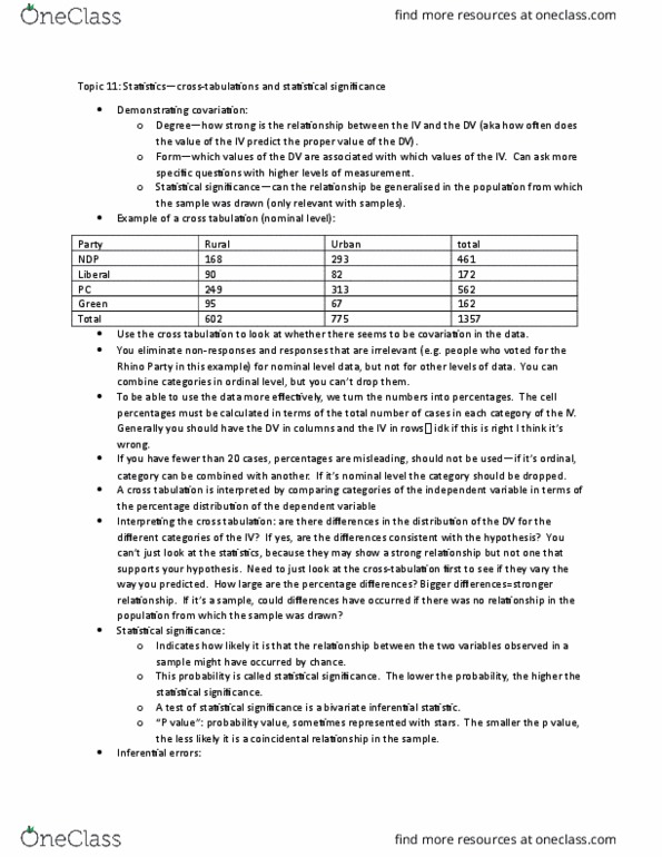 POLI 311 Lecture Notes - Lecture 9: Contingency Table, Ordinal Data, Statistical Significance thumbnail