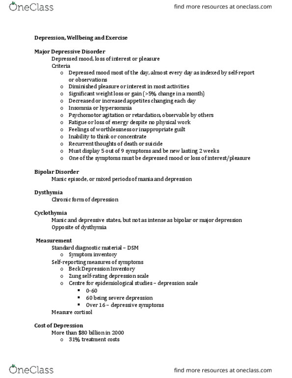 KINESIOL 3H03 Lecture Notes - Lecture 17: Beck Depression Inventory, Mania, Major Depressive Disorder thumbnail