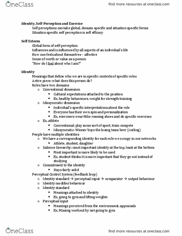 KINESIOL 3H03 Lecture Notes - Lecture 12: Body Dysmorphic Disorder, Self Esteem (Song), Type Physicalism thumbnail