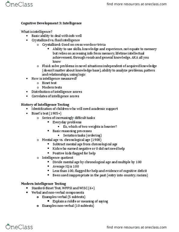 PSYCH 2AA3 Lecture Notes - Lecture 7: Fluid And Crystallized Intelligence, Mental Age, Cognitive Deficit thumbnail