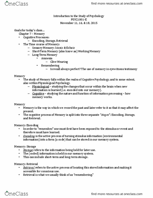 PSYC 1001 Lecture Notes - Lecture 7: Classical Conditioning, Retrograde Amnesia, Elizabeth Loftus thumbnail