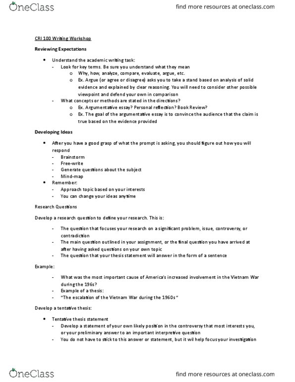 CRI 100 Lecture Notes - Lecture 6: Thesis Statement, Mind Map, Concept Map thumbnail