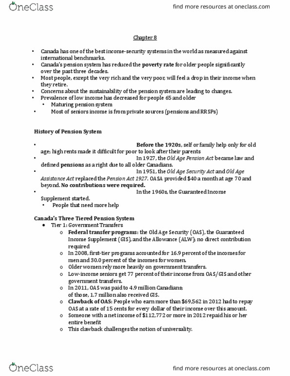 HLTHAGE 1BB3 Chapter Notes - Chapter 8: Defined Benefit Pension Plan, Old Age Security, Cpp Investment Board thumbnail