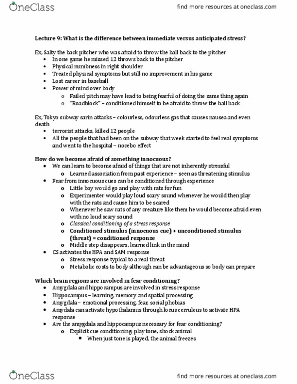 KINESIOL 2G03 Lecture Notes - Lecture 9: Sarin, Nocebo, Fear Conditioning thumbnail