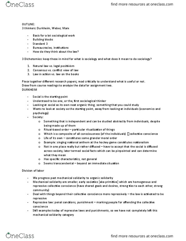 SOC216H5 Lecture Notes - Lecture 2: Mechanical And Organic Solidarity, Social Fact, Social History thumbnail