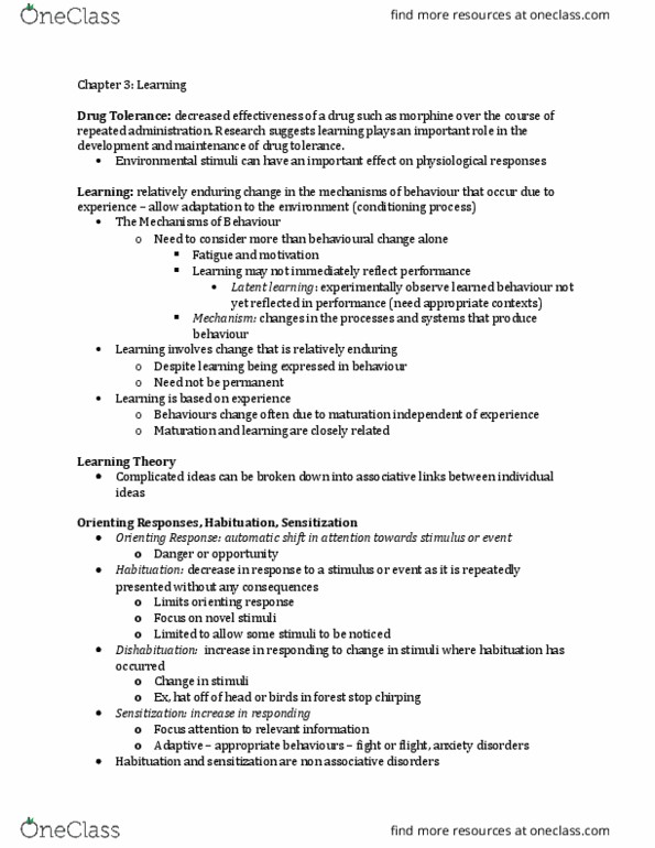 PSYCH 1F03 Chapter Notes - Chapter 3: Orienting Response, Drug Tolerance, Latent Learning thumbnail