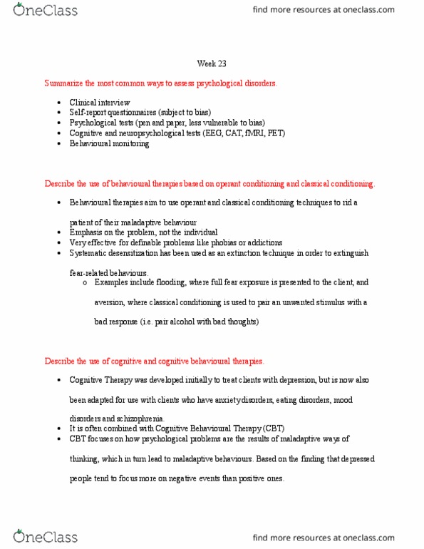 PSYC 100 Lecture Notes - Lecture 23: Cognitive Behavioral Therapy, Clozapine, Systematic Desensitization thumbnail