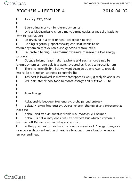BCH 2333 Lecture Notes - Lecture 4: Equilibrium Constant, Enthalpy, Organophosphate thumbnail