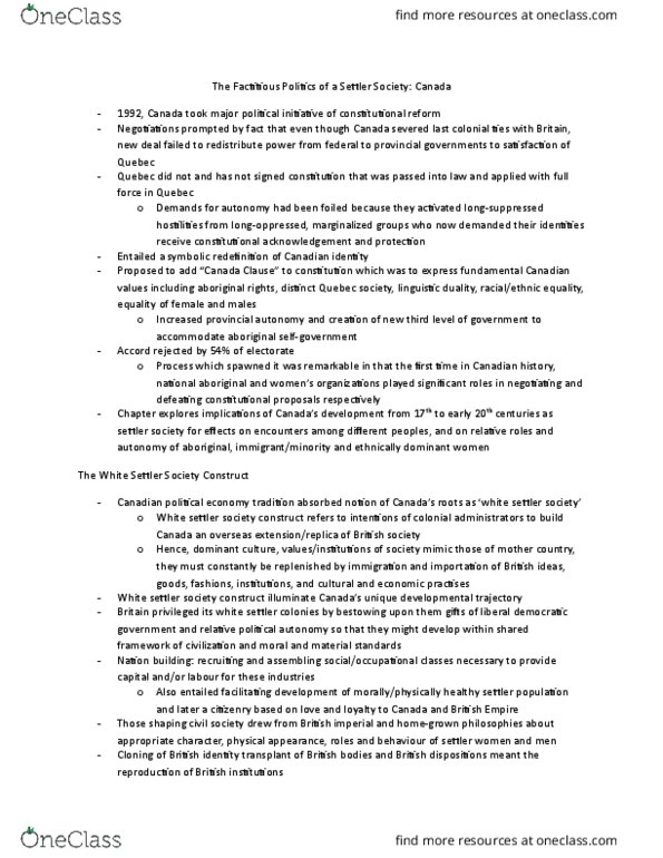 SOSC 1130 Lecture Notes - Lecture 7: Settler Colonialism, Canadian Identity, Cultural Hegemony thumbnail