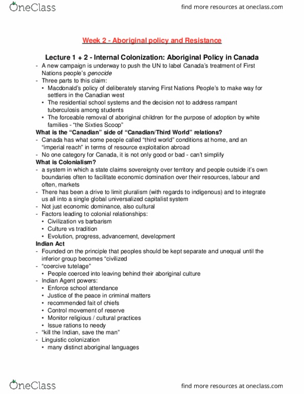 DEVS 100 Lecture Notes - Lecture 4: Idle No More, Sixties Scoop, Employment Discrimination thumbnail