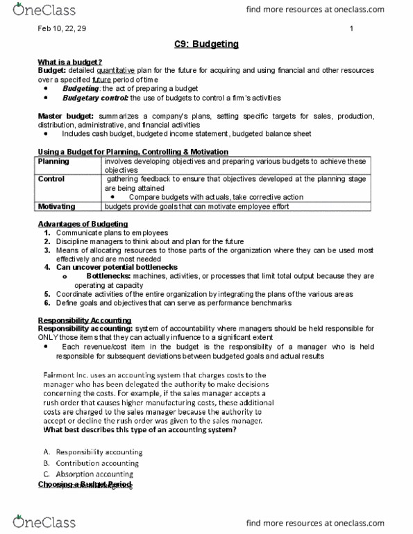 AFM102 Chapter Notes - Chapter 9: Investment, Income Statement, Budget thumbnail