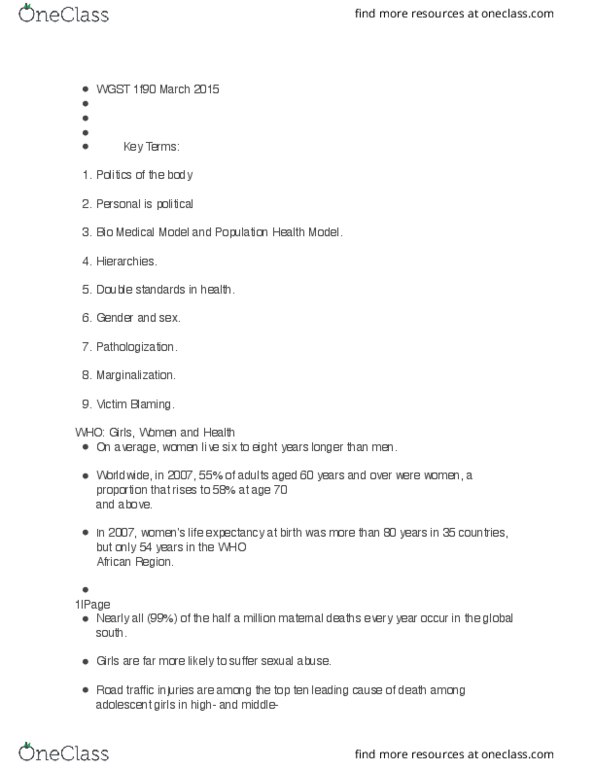 WGST 1F90 Lecture Notes - Lecture 60: Biomedical Model, Menopause, Brad Delson thumbnail