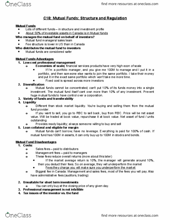 AFM121 Chapter Notes - Chapter 18: Canadian Securities Course, Mutual Fund Fees And Expenses, Client Confidentiality thumbnail