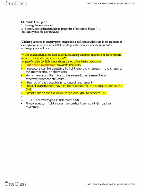 BIO 370 Lecture Notes - Lecture 7: Afferent Nerve Fiber, Olfactory Bulb, Sclera thumbnail