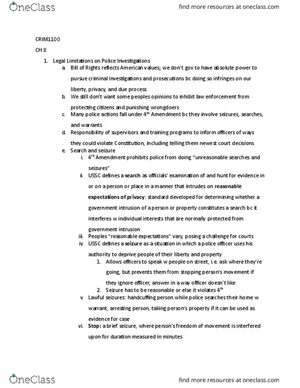 CRIM 1100 Chapter Notes - Chapter 8: Massiah V. United States, Exigent Circumstance, Exclusionary Rule thumbnail