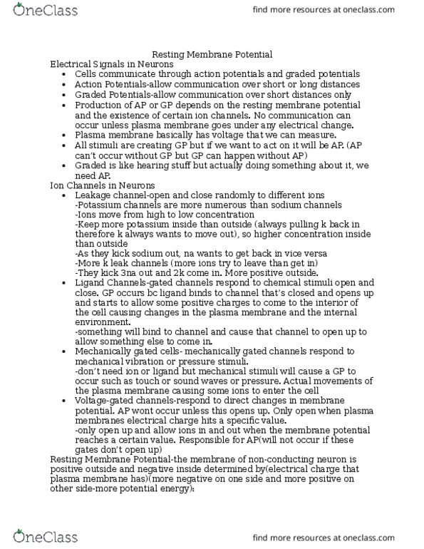 ANAT 101 Lecture Notes - Lecture 9: Resting Potential, Membrane Potential thumbnail