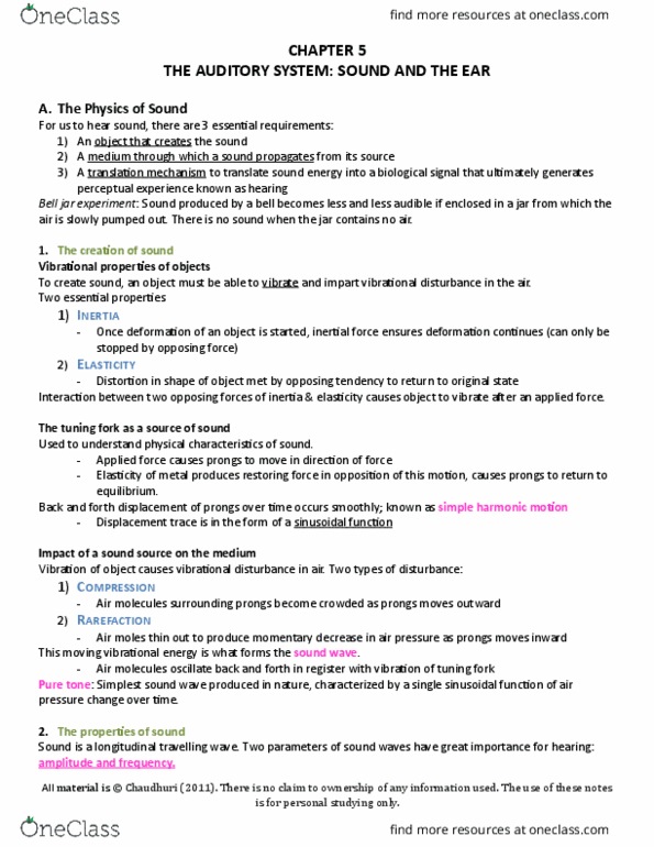 PSYC 212 Chapter Notes - Chapter 5: Tinnitus, Stapedius Muscle, Genetic Disorder thumbnail