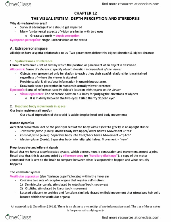 PSYC 212 Chapter Notes - Chapter 12: Binocular Summation, Binocular Vision, Diplopia thumbnail