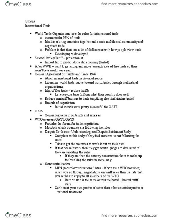 BSLW1021 Lecture Notes - Lecture 14: North American Free Trade Agreement, National Treatment, Dispute Settlement Body thumbnail