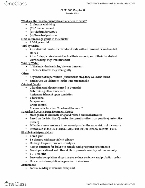 CRM 1300 Chapter Notes - Chapter 8: Summary Offence, Drug Court, Clinical Urine Tests thumbnail