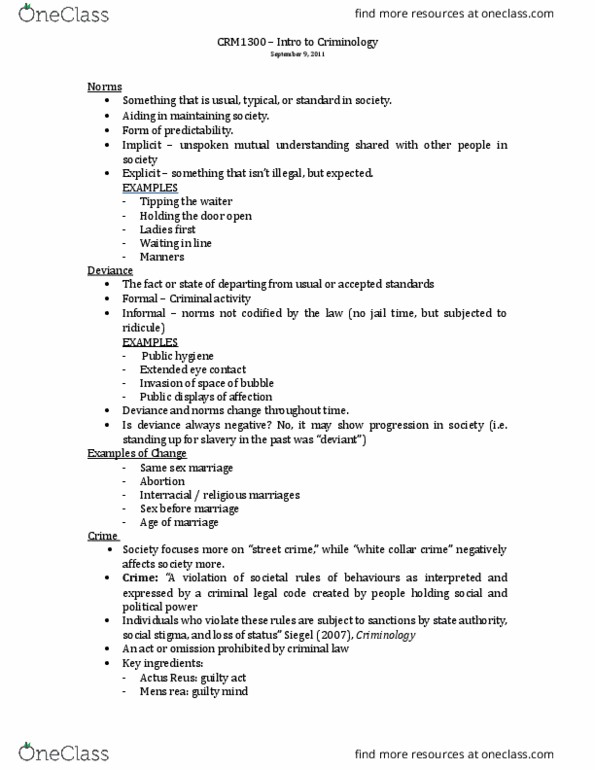 CRM 1300 Lecture Notes - Lecture 1: Actus Reus, Social Stigma, White-Collar Crime thumbnail