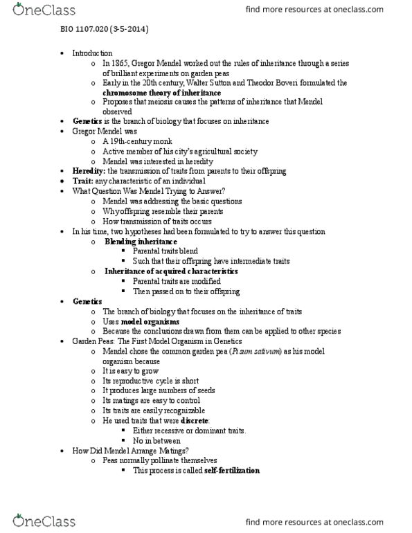 BIOL 1107 Lecture Notes - Lecture 99: Gamete, Reciprocal Cross, Gregor Mendel thumbnail