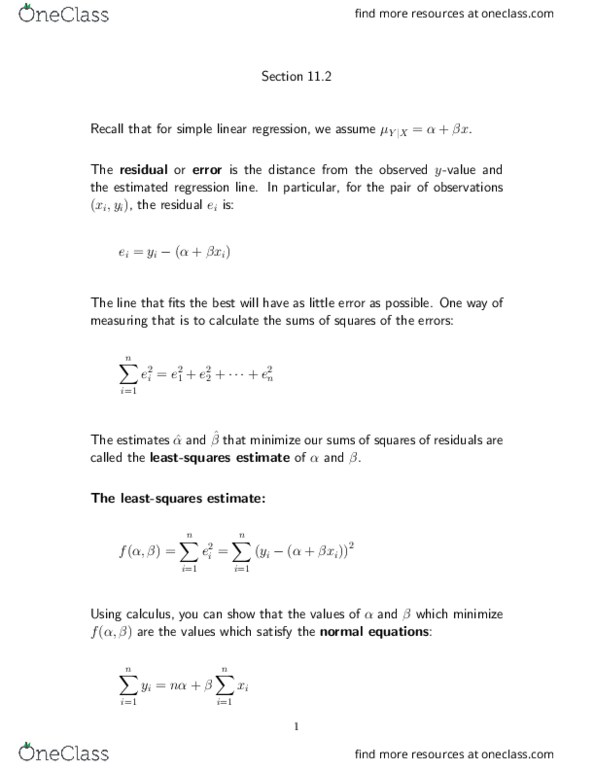 STAT 256 Lecture Notes - Lecture 11: Simple Linear Regression thumbnail