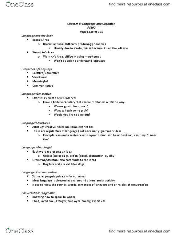 PS102 Lecture Notes - Lecture 1: Kanzi, Metalinguistic Awareness, Working Memory thumbnail