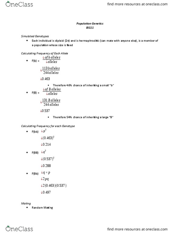 BI111 Lecture Notes - Lecture 5: Mendelian Inheritance, Genotype Frequency, Population Genetics thumbnail