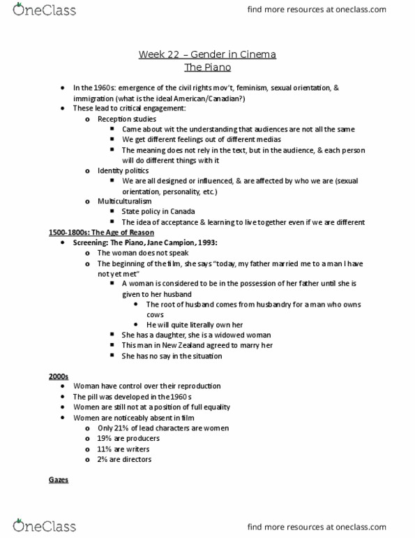 FILM 110 Lecture Notes - Lecture 10: Voyeurism, Jacques Lacan, Laura Mulvey thumbnail