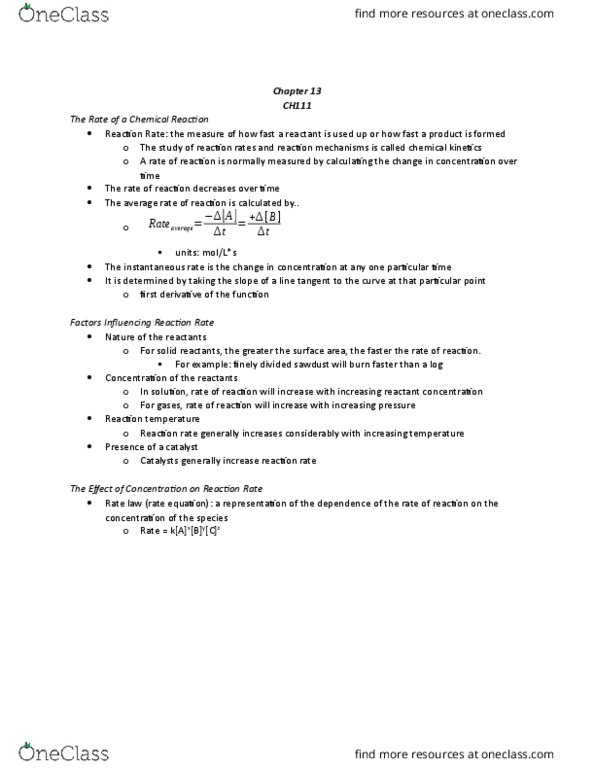 CH111 Lecture Notes - Lecture 10: Activated Complex, Reagent, Second Order (Religious) thumbnail