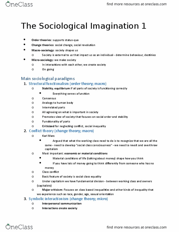 SOCIOL 1A06 Lecture Notes - Lecture 2: The Sociological Imagination, Symbolic Interactionism, Order Theory thumbnail