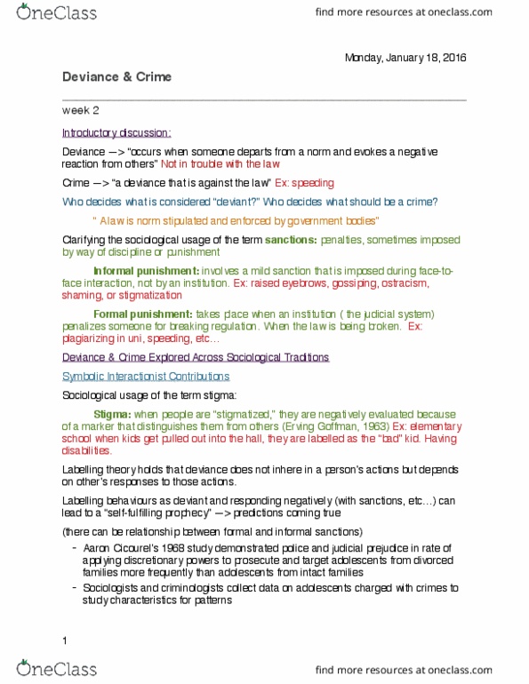 SOCI 1002 Lecture 3: Deviance & Crime lecture note/reading notes thumbnail