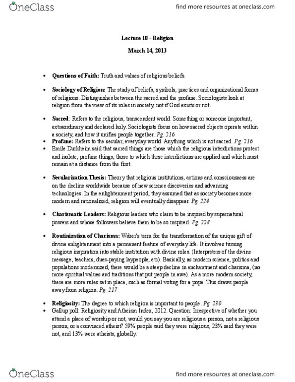 SOC100H5 Lecture Notes - Lecture 10: Christian Fundamentalism, Islamic Fundamentalism thumbnail