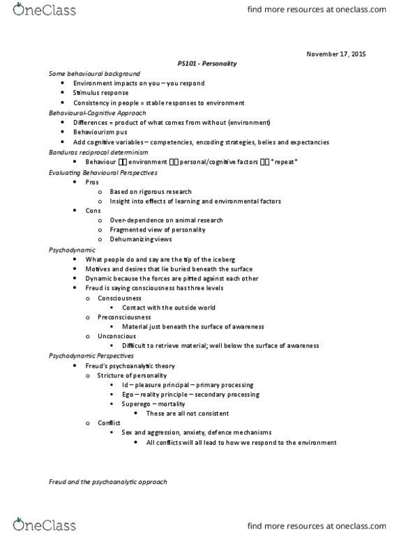 PS101 Lecture Notes - Lecture 20: Abraham Maslow, Psychosexual Development, Unconditional Positive Regard thumbnail