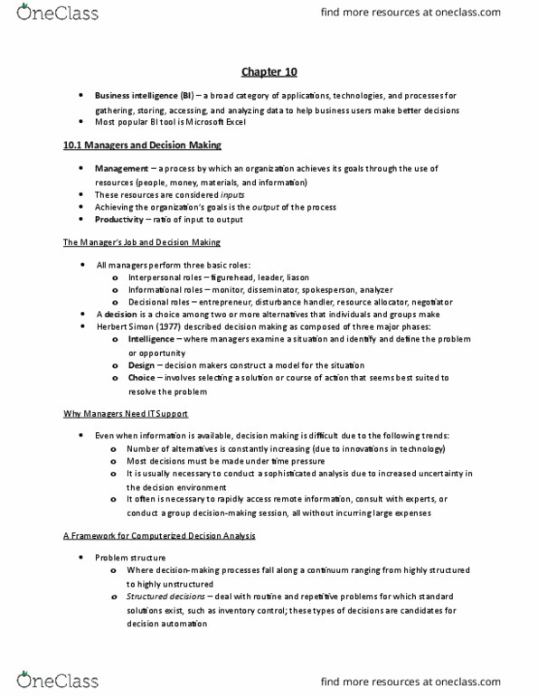 ADMS 2511 Lecture Notes - Lecture 10: Online Analytical Processing, Data Mining, Sensitivity Analysis thumbnail