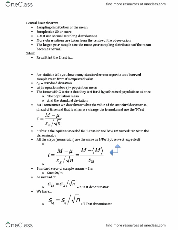 PSYC 3000 Lecture Notes - Lecture 9: Central Limit Theorem, Null Hypothesis, Standard Deviation thumbnail