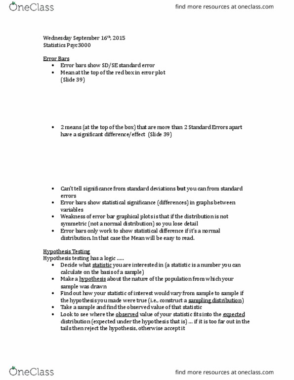 PSYC 3000 Lecture Notes - Lecture 5: Error Bar, Statistic, Statistical Significance thumbnail