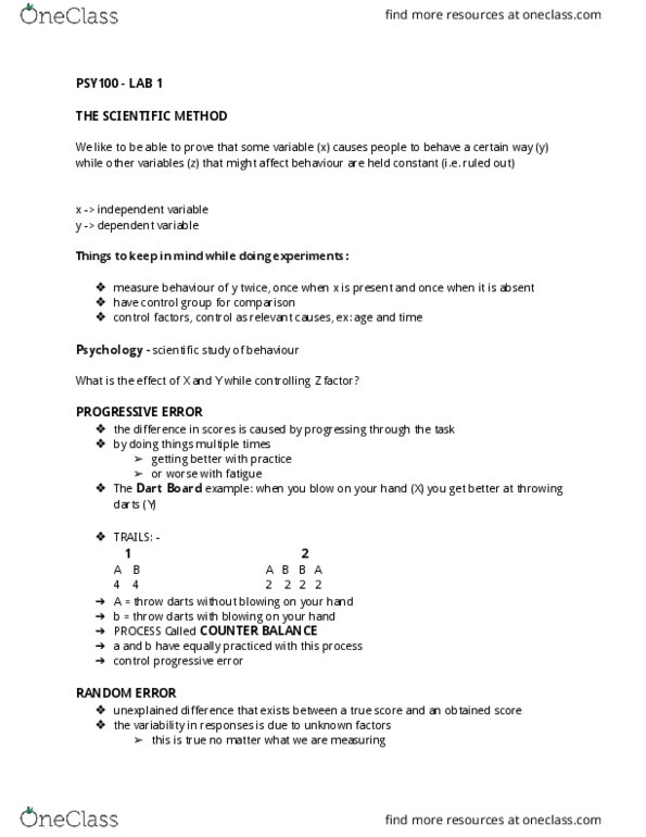 PSY100Y5 Lecture Notes - Lecture 1: Observational Error, Scientific Method, Dependent And Independent Variables thumbnail