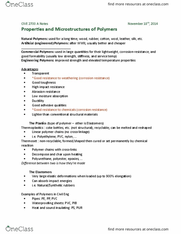 CIVE 2700 Lecture Notes - Lecture 19: Viscoelasticity, Crystallinity, Ultimate Tensile Strength thumbnail