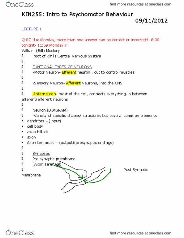 KIN 155 Lecture Notes - Lecture 1: Epsp Synthase, Inhibitory Postsynaptic Potential, Threshold Potential thumbnail