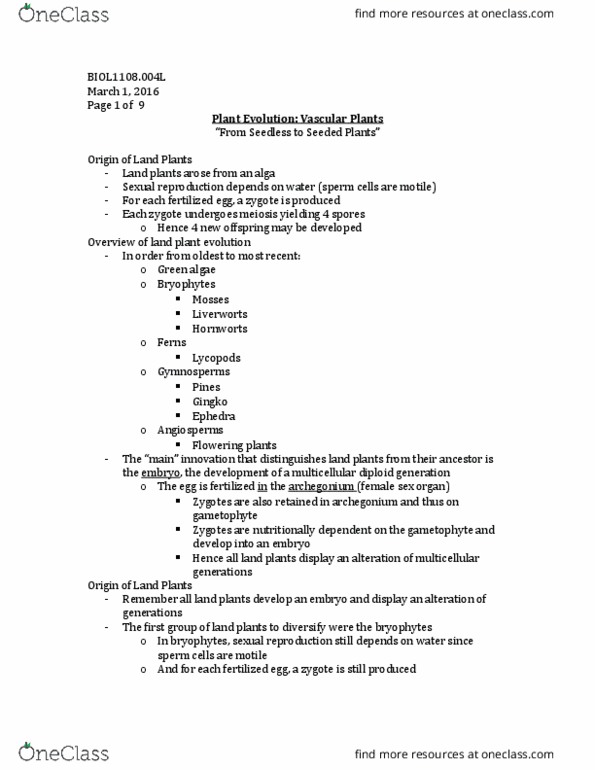 BIOL 1108 Lecture Notes - Lecture 13: Gnetum, Ginkgoales, Megaspore thumbnail