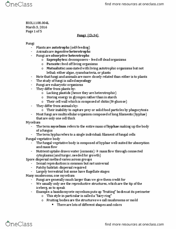 BIOL 1108 Lecture Notes - Lecture 14: Basidiomycota, Ascus, Cordyceps thumbnail