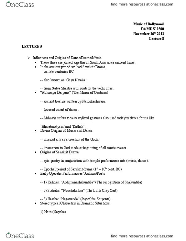MUSI 1500 Lecture Notes - Lecture 8: Dharma, Nautanki, Rama thumbnail