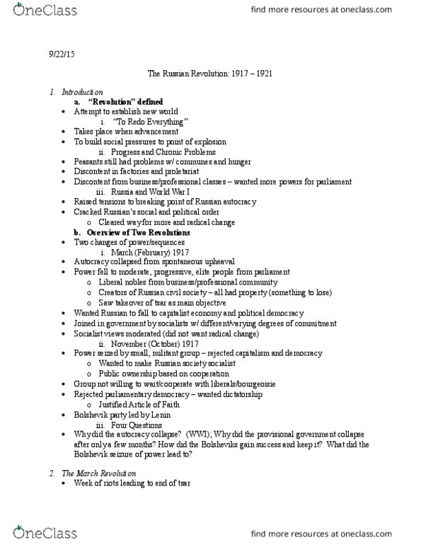 CGS SS 201 Lecture Notes - Lecture 4: War Communism, April Theses, Mensheviks thumbnail
