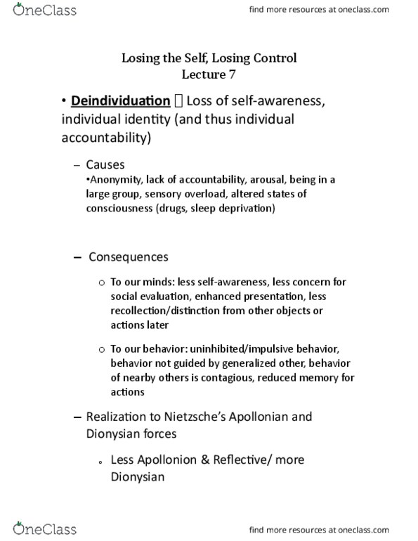 PSYCH 135 Lecture Notes - Lecture 4: Friedrich Nietzsche, Deindividuation, Sleep Deprivation thumbnail