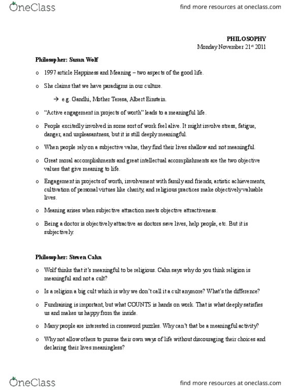 PHIL 1100 Lecture Notes - Lecture 19: Logical Positivism, Susan R. Wolf, Mother Teresa thumbnail